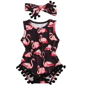 Großhandel Neugeborenen Baby kleidung niedlichen Ball Quaste Rüschen Stram pler Baby Mädchen Flamingo Druck Stirnband 2pcs ROMPER TEAL