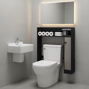 Organisateur de rangement noir réglable à poser sur les toilettes, étagère de salle de bain à 2 niveaux, étagères en bois autoportantes - Product Image 2