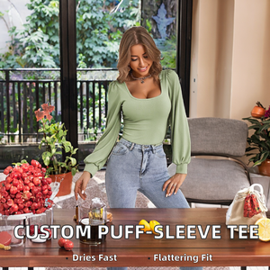 T-shirt en coton et polyester personnalisé, taille printemps, impression de logo, coupe ajustée, manches courtes bouffantes, manches longues, respirant, tricoté - Product Image 2