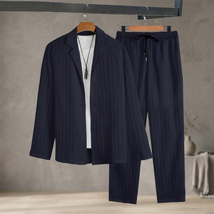 Ensemble décontracté élégant 2 pièces polyvalent pour homme : chemise à manches longues et pantalon de couleur unie, tissage extérieur tendance 100 % polyester, automne - Product Image 3