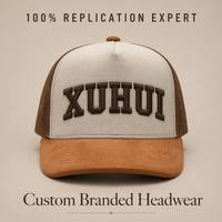 Gorra Trucker Premium con Visera de Gamuza, Bordado 3D en Relieve, Frente Beige, Parte Trasera de Malla Marrón, Logotipo Personalizado, Cierre a Presión, Fabricante OEM
