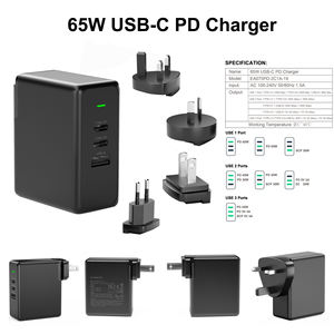 Chargeur pour ordinateur portable et téléphone portable 65W Type-C avec prises EU/US/UK/AU, charge rapide PD/QC, compatible avec les écouteurs - Product Image 4