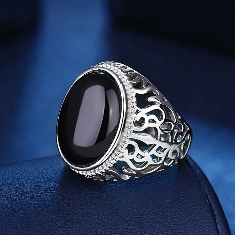 Dernière conception Simple nouveauté à la mode luxe noir Onyx pierre personnalité anneau gros bijou anneau pour hommes