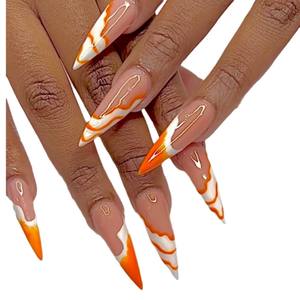 Faux ongles à presser style européen et américain, motif vague orange, design français minimaliste, amovibles, vente en gros - Product Image 5