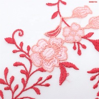 Tissu Textile Twin, Tissu de Broderie Style Ethnique, Tissu en Dentelle à Broderie Florale Dégradé Rouge & Rose pour Robe de Soirée