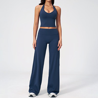 Ensemble 2 pièces de sport pour femme : débardeur licou et pantalon droit à jambes larges, effet seconde peau, pour le yoga, le fitness, la gym et les tenues décontractées