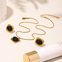 Ensemble de bijoux punk pour femme en onyx noir naturel, comprenant boucles d'oreilles, collier et bague, en acier inoxydable plaqué or 18 carats, géométrique, tendance, idéal pour les fêtes
