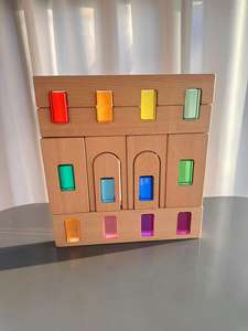 Blocchi di costruzione in legno Set di accatastamento castello giocattoli con cubi trasparenti arcobaleno per i bambini gioco aperto - Product Image 6