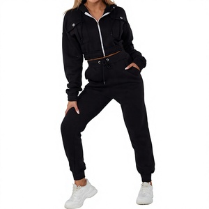 Conjunto Deportivo para Mujer, Sudadera Corta Azul Claro con Capucha y Pantalones Jogger a Juego, Estilo Urbano Informal, Color Sólido, Manga Larga, Tejido Transpirable 100% - Product Image 1