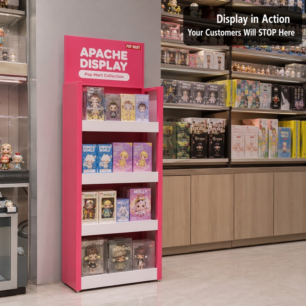 Apache Custom Toy Display Rack 4-Way 4-Tier Metal Figure Merchandiser Knock Down Rotating Stand for Collectible Store OEM ODM — view 1