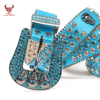 Ceinture en cristal cloutée brillante de 1.5 pouces pour hommes, Punk Rock, Cowboy et Cowboy, boucle de crâne, colorée, bleu ciel, strass, vente en gros