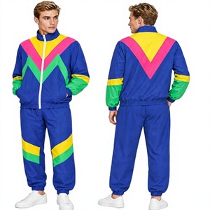 Ensemble de survêtement pour homme avec blocs de couleur bleu, jaune, rose, vert, manches longues, fermeture éclair, style sportif décontracté, pour le printemps - Product Image 1