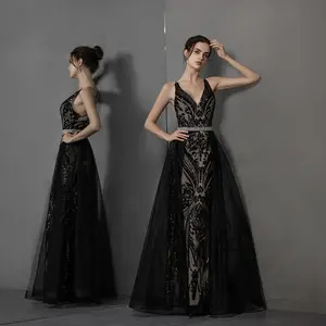 Ruolai PEV-L3125 Vintage V Neckline Girl Evening Gown Sheer Crystal Black Sequined Mermaid Long Prom Dress