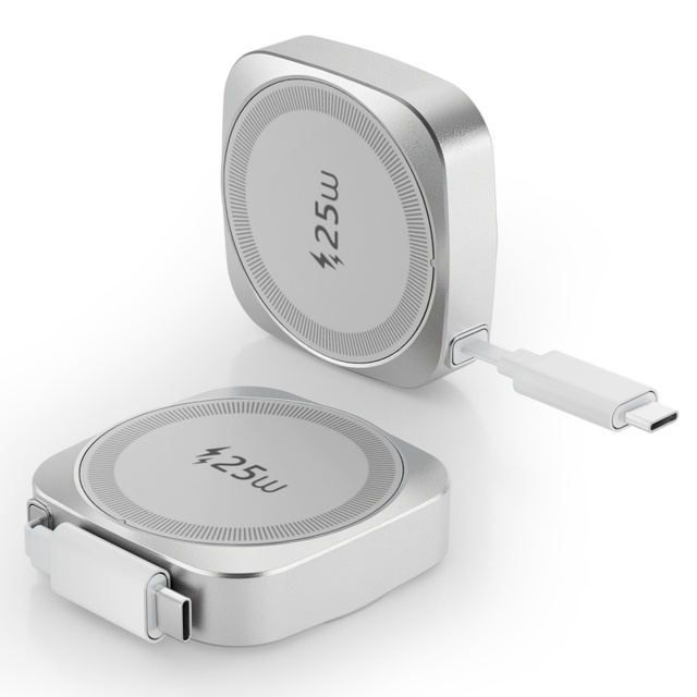 Qi2.2 25W Travel Magnetic Wireless Charger with 70 cm Retractable USB-C Cable Fast Charging Pad for Phone 17/16 Samsung