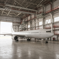 Hangar pour grands avions de passagers avec façade ouverte, passerelles surélevées, plateformes de service et accès au tapis d'accueil