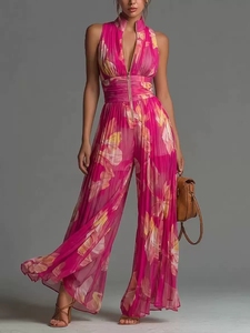 <span class=keywords><strong>Tuta</strong></span> Elegante da Donna Senza Maniche con Colletto Alto, Zip Frontale, Scollo a V Profondo, Gamba Larga <span class=keywords><strong>Plissettata</strong></span>, per Feste Formali - Product Image 2