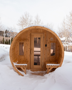 Sauna de Barril Personalizable de Madera Maciza de Abeto Termotratado para 4 Personas con Porche - Product Image 1