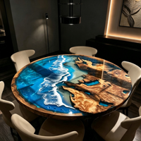 Table de salle à manger ronde en résine époxy motif vague océanique, table d'art faite à la main pour la maison, la villa, la salle à manger