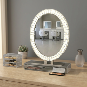 Oval LED Makeup <b>Mirror</b> <b>with</b> Touch Control Adjustable <b>Light</b> Plastic Frame Modern Design Freestanding Home Use - Product Image 3