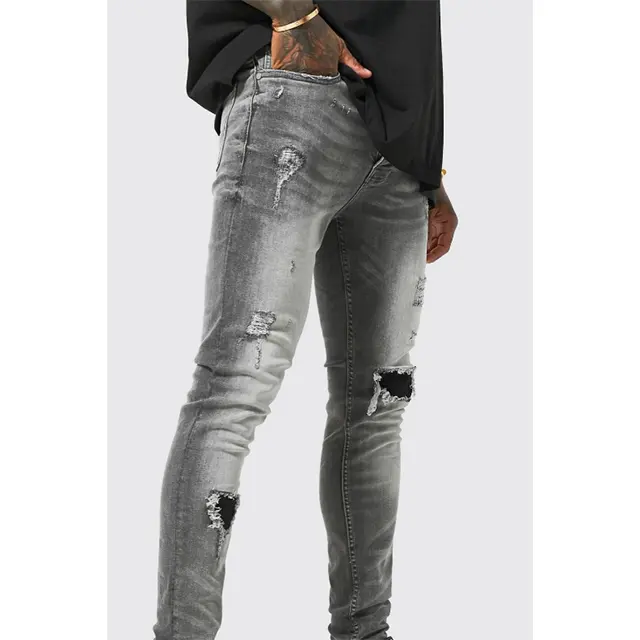 Custom street wear destroyed ripped pants men mid grey washed skinny stretch rip   repair self fabric jeans