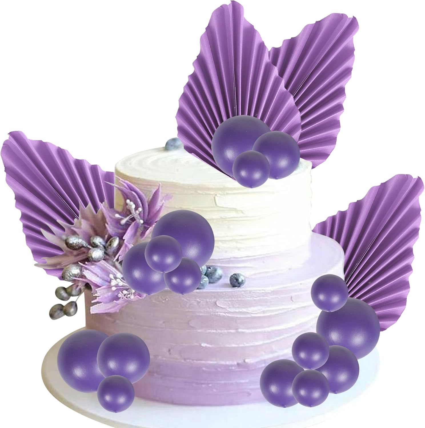Ensemble de 20 éventails en papier avec boules en mousse violettes.
