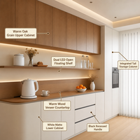 Buffet de salle à manger personnalisé de style Japandi avec dessus en chêne chaud et étagères ouvertes à double éclairage LED |   Unité de base blanche |   OEM