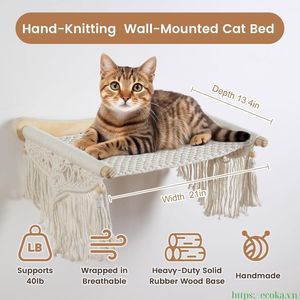 Hamaca de Pared para Gatos con Estante de Madera y Cuerda de Algodón, Mueble para Gatos Estilo Boho para Dormir y Escalar - Product Image 2