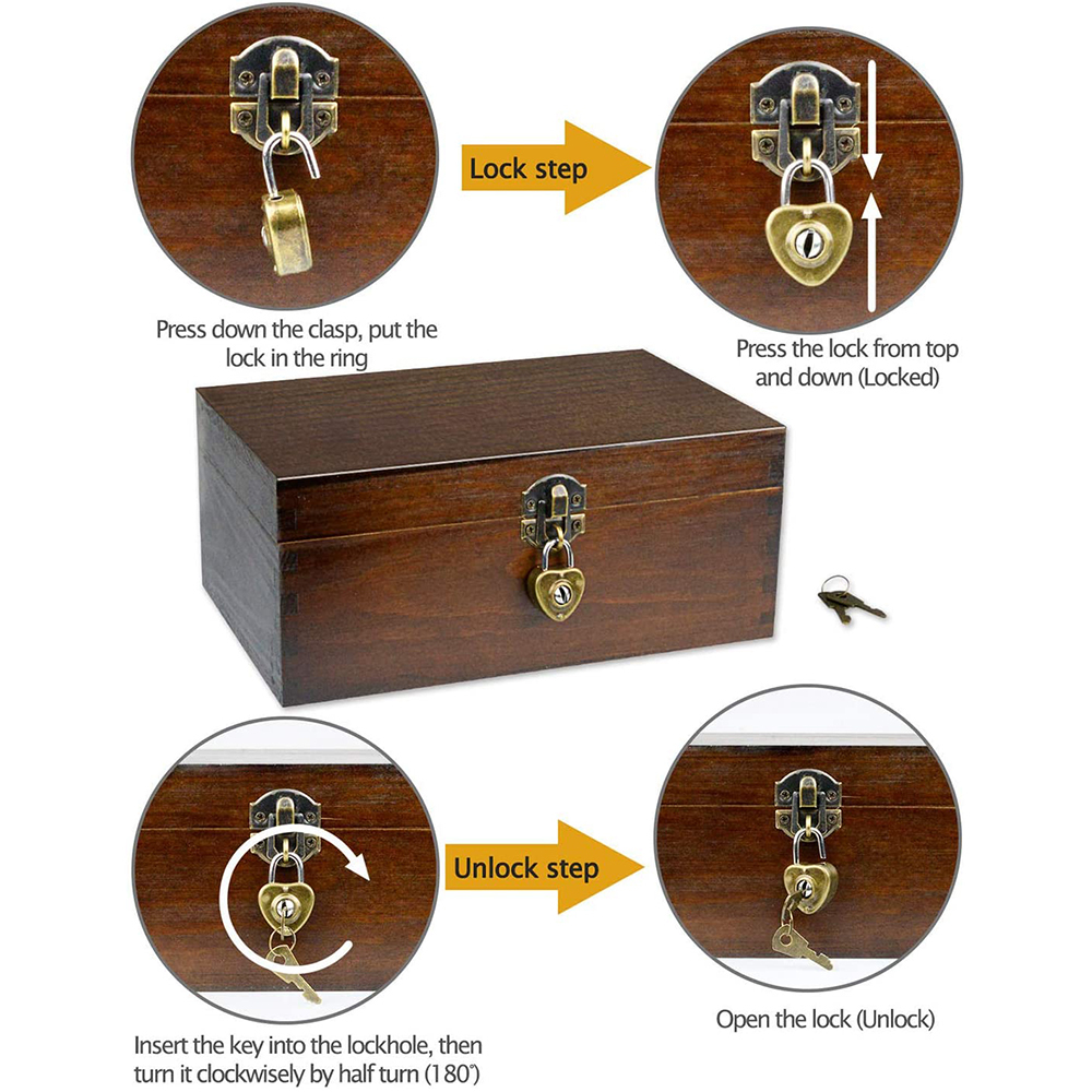 Boîte De Rangement en bois avec Serrure et Clés Décoratifs Boîtes à Souvenirs En Bois Coffre Au Trésor Bijoux Bibelots
