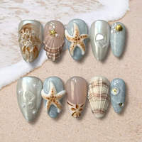 Nouveauté 2026 : Kit de 30 faux ongles 3D en ABS à presser, thème été plage, avec breloques sculptées coquillages et étoiles de mer, réutilisables et scintillants
