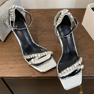 Sandalias de Tacón Alto con Cristales, Sencillas, para Mujer, Verano 2025, Fabricantes Asiáticos, Sandalias de Tacón de Aguja Casuales para Mujer - Product Image 5