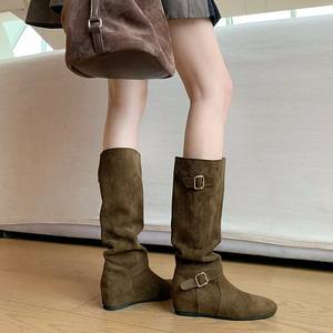 Nouvelles <span class=keywords><strong>Bottes</strong></span> Coréennes Tendance Automne/Hiver à Talon Caché de 5 <span class=keywords><strong>cm</strong></span>, Fermeture Élastique, Mi-mollet Amincissante, Semelle Extérieure en Caoutchouc - Product Image 1