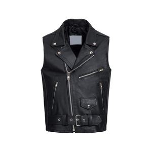 Col matelassé mode moto motards hommes en cuir véritable noir gilet sans manches Logo personnalisé impressions gilets avec ceinture - Product Image 1