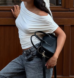 Viviblook J26TP019 – Nouveau T-shirt plissé uni à épaules dénudées et taille cintrée pour femme, idéal pour l'été - Product Image 1