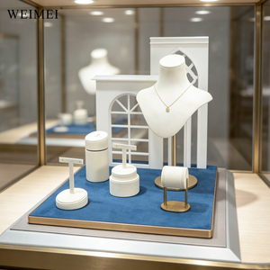 WEIMEI Luxury White Gold Metal Blue Velvet <b>Necklace</b> Bust <b>Ring</b> Earring Bracelet Holder Boutique Jewelry Counter Display Stand - Product Image 1