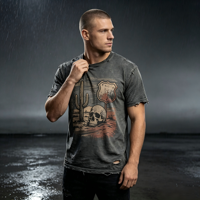 T-shirt gris délavé effet vieilli, impression DTG Kornit Crâne du Désert Cactus, style streetwear vintage délavé soleil
