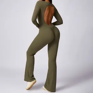 2024 Snelle Droge Effen Kleuren Lange Mouw Rug Uitgeholde Sexy Dansende Jumpsuits Custom Scrunch Butt Yoga Jumpsuit Voor Vrouwen