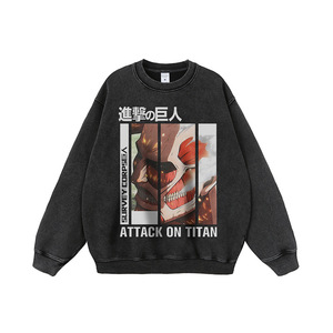 Maglietta a Maniche Lunghe Personalizzata Nera 300 Grammi 100% Cotone Lavaggio Acido con Grafica JoJo's Bizarre Adventure L'Attacco dei Giganti Anime per Uomo - Product Image 4