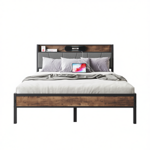<b>Queen</b> <b>Size</b> <b>Bed</b> <b>Frame</b> With Storage Headboard Charging Station Vintage Brown Gray Solid Wood Steel <b>Frame</b> No Box Spring Needed - Product Image 1
