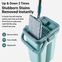 Serpillère plate mains libres avec seau, système intégré de lavage et séchage, tête en acier inoxydable, manche de 33 cm, grande serpillère pour le nettoyage des sols domestiques