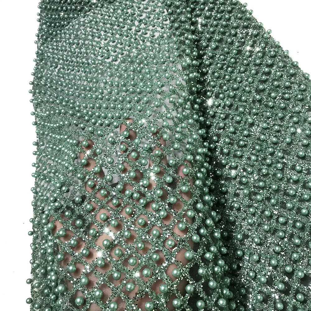 Mint Green French Net Tulle Sequins Lace Fabrics with Beads African George Shiny Mesh Dress Sewing Material Garment Accessories