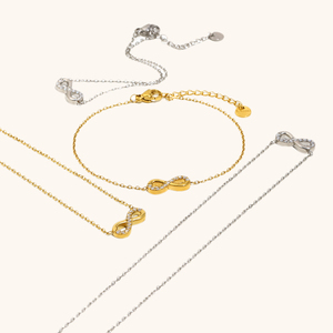 Conjunto de Colar e Pulseira Simples em Aço Inoxidável Banhado a Ouro 18K com Diamantes em Formato de 8, Estilo Europeu e Americano, para Mulheres - Product Image 2