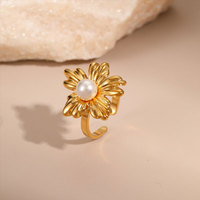 Anillo Ajustable de Acero Inoxidable 316L Chapado en Oro Fino de 14k y 18k, con Perla Natural de Agua Dulce y Diseño de Flor, para Mujer