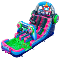 Toboggan gonflable double piste de 16 pieds avec piscine, jeux et décorations pour location de fête en extérieur, divertissement aquatique
