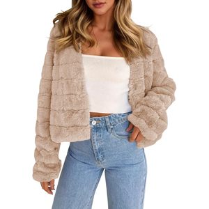 Fisoew Womens Cropped Faux Fur <b>Jacket</b> <b>Long</b> Sleeve Open Front Fluffy Short Coat <b>Winter</b> Casual Soft Coats - Product Image 1