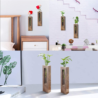 Vas Bunga Pot Kaca Gantung Dinding Retro, Stasiun Perbesaran Terarium Tanaman Desktop Vas Tabung Uji Kayu Solid