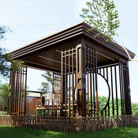 Pergola en aluminium à grain de bois oriental, design Porte de lune, pavillon de jardin de luxe, gazebo à toit rigide permanent avec éclairage LED