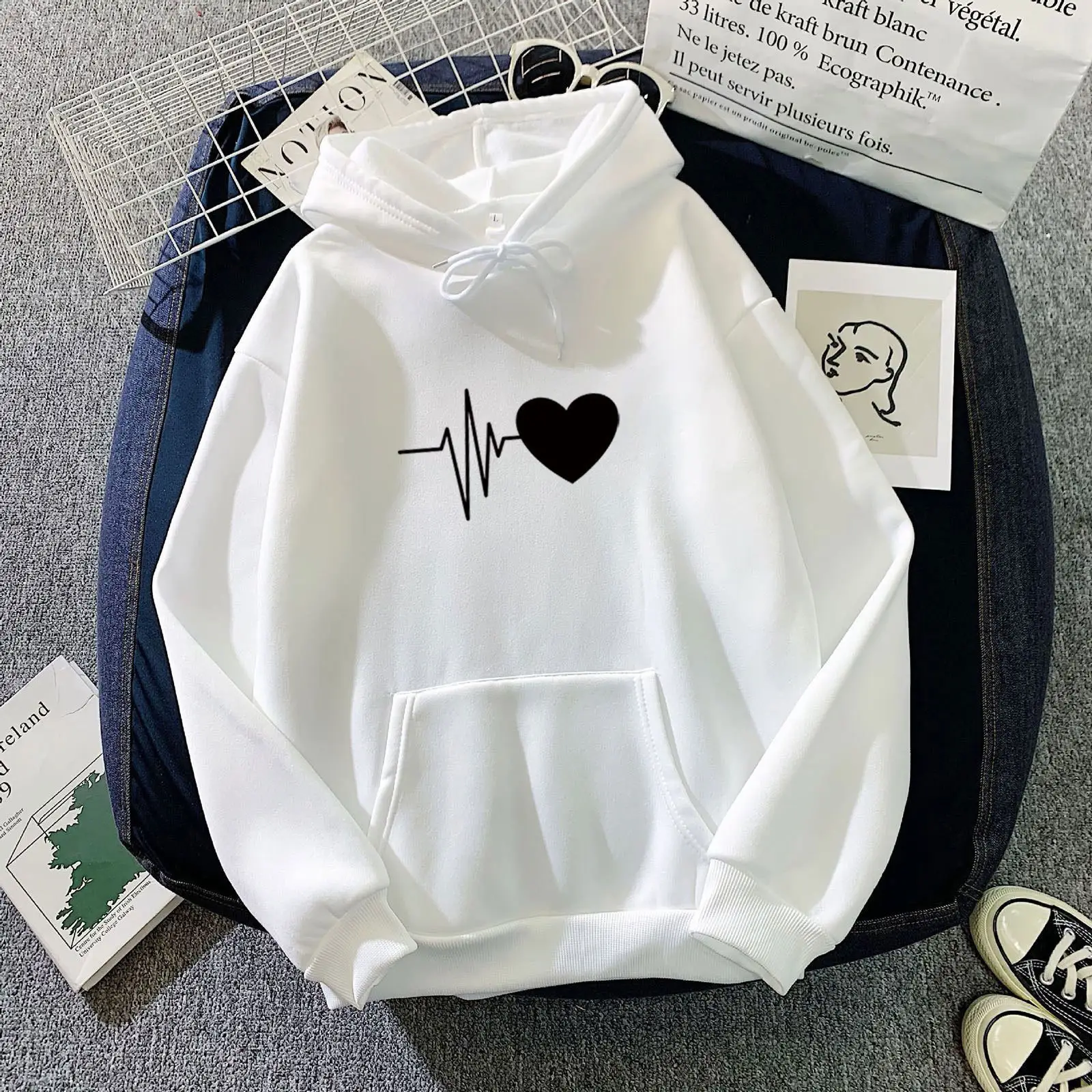 Y2K invierno mujeres sudaderas con capucha logotipo personalizado pulóver de gran tamaño Casual tejido de punto amor corazón gimnasio manga larga sudadera sudaderas con capucha