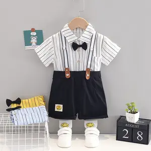 Setelan baju katun bayi laki-laki, blus lengan panjang + celana panjang Suspender, pakaian anak laki-laki