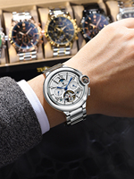 Montre homme de luxe POEDAGAR Tourbillon Date Semaine Acier inoxydable Montre automatique mécanique étanche Montres pour hommes 1413