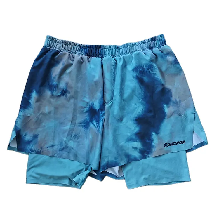 2024 ขายส่งโลโก้ที่กําหนดเองชื่อระเหิด 2 ใน 1 สีฟ้า Tie-Dye รูปแบบซิปกระเป๋า high-end ฟิตเนส GYM การฝึกอบรมกางเกงขาสั้น